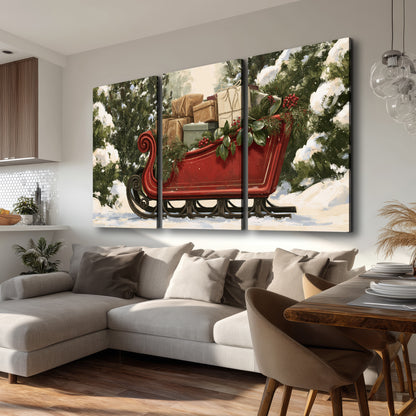 A decorative red holiday sleigh carrying wrapped presents and greenery through a snowy woodland 3 piece canvas wall art room and product view