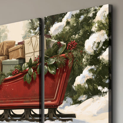 A decorative red holiday sleigh carrying wrapped presents and greenery through a snowy woodland 3 piece canvas wall art room and product view