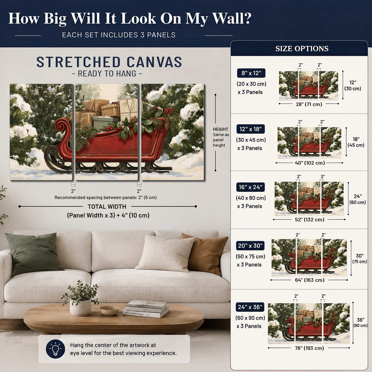 A decorative red holiday sleigh carrying wrapped presents and greenery through a snowy woodland 3 piece canvas wall art size guide above a sofa; room view is illustrative