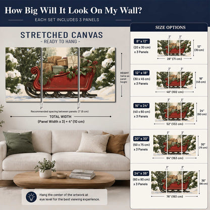 A decorative red holiday sleigh carrying wrapped presents and greenery through a snowy woodland 3 piece canvas wall art size guide above a sofa; room view is illustrative