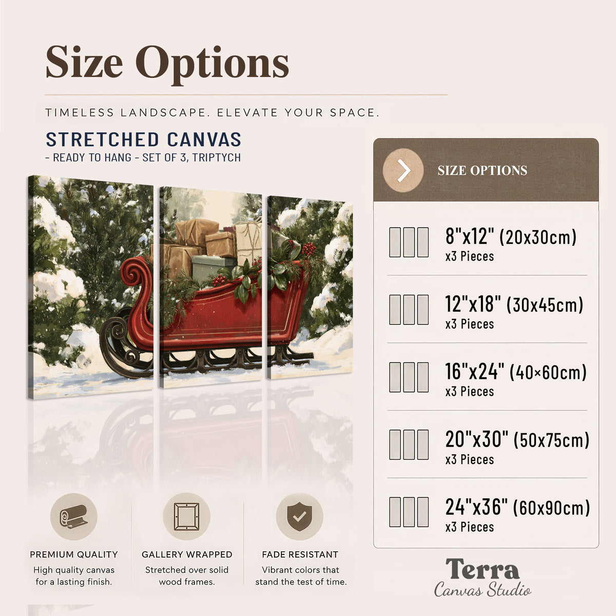 A decorative red holiday sleigh carrying wrapped presents and greenery through a snowy woodland 3 piece canvas wall art available dimensions; triptych dimensions are per panel