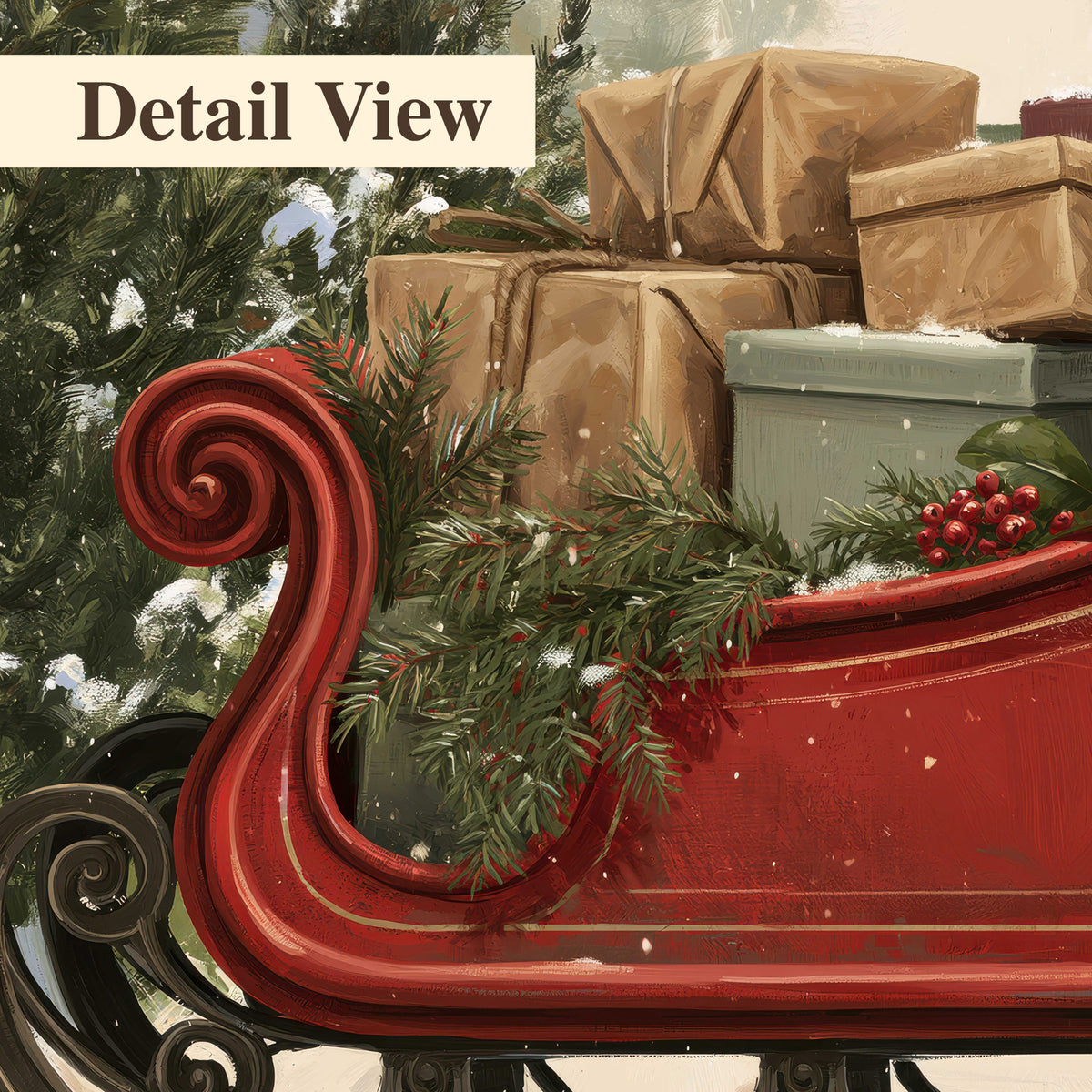 A decorative red holiday sleigh carrying wrapped presents and greenery through a snowy woodland 3 piece canvas wall art artwork detail close up