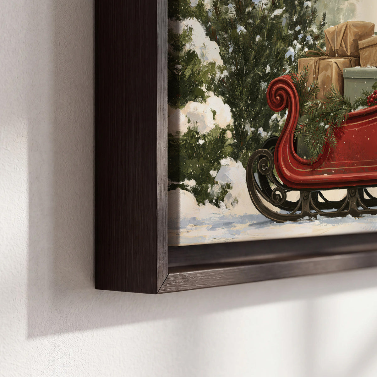 A decorative red holiday sleigh carrying wrapped presents and greenery through a snowy woodland 3 piece framed canvas wall art material and edge close up