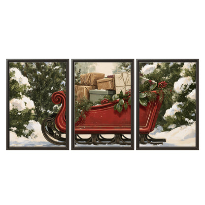 A decorative red holiday sleigh carrying wrapped presents and greenery through a snowy woodland 3 piece framed canvas wall art viewed straight on
