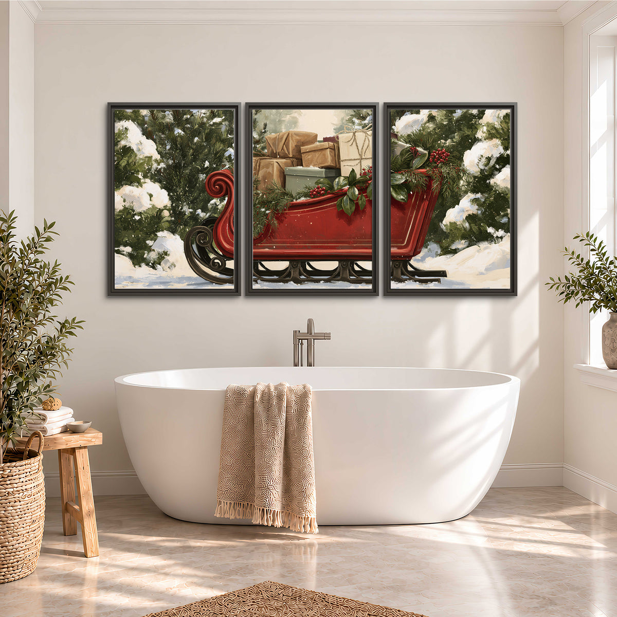 A decorative red holiday sleigh carrying wrapped presents and greenery through a snowy woodland 3 piece framed canvas wall art styled in an interior