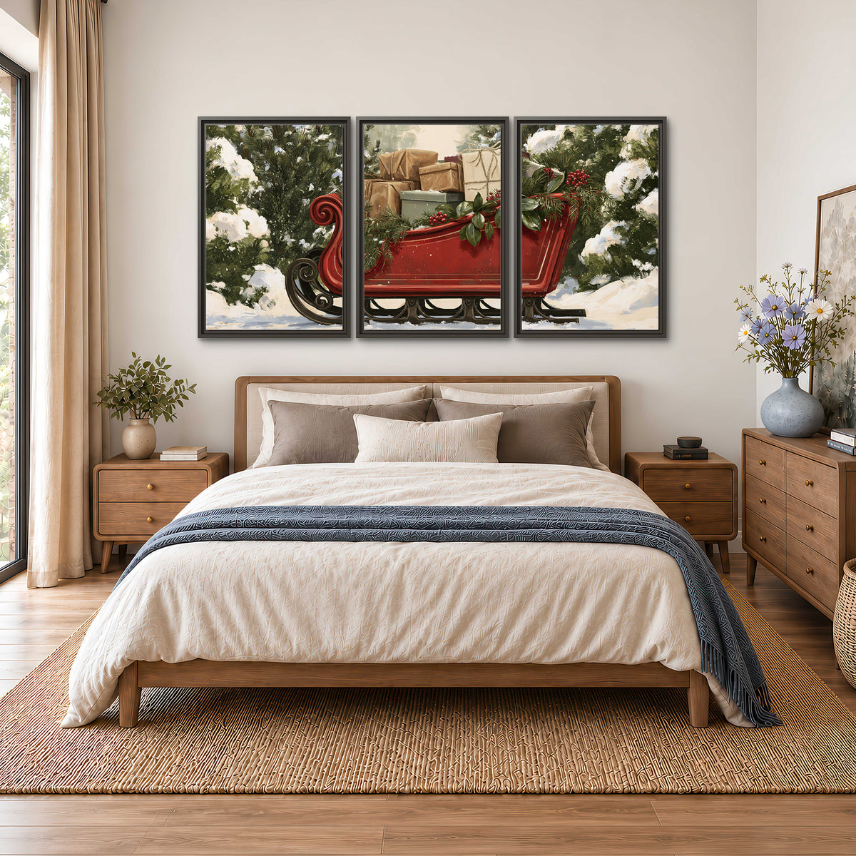 A decorative red holiday sleigh carrying wrapped presents and greenery through a snowy woodland 3 piece framed canvas wall art styled in an interior