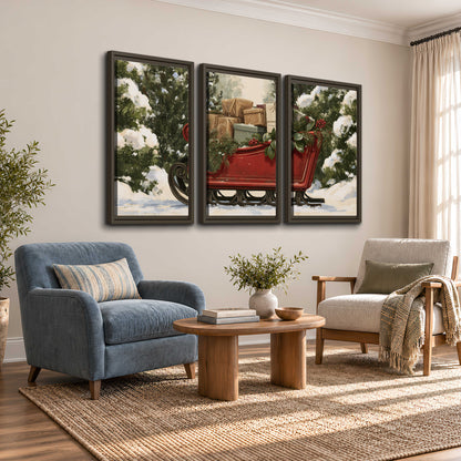 A decorative red holiday sleigh carrying wrapped presents and greenery through a snowy woodland 3 piece framed canvas wall art styled in an interior