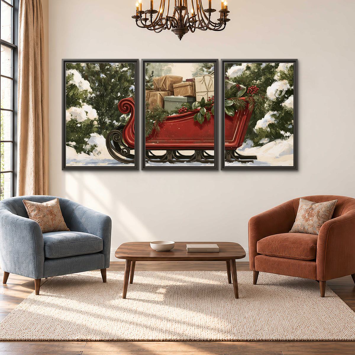 A decorative red holiday sleigh carrying wrapped presents and greenery through a snowy woodland 3 piece framed canvas wall art styled in an interior