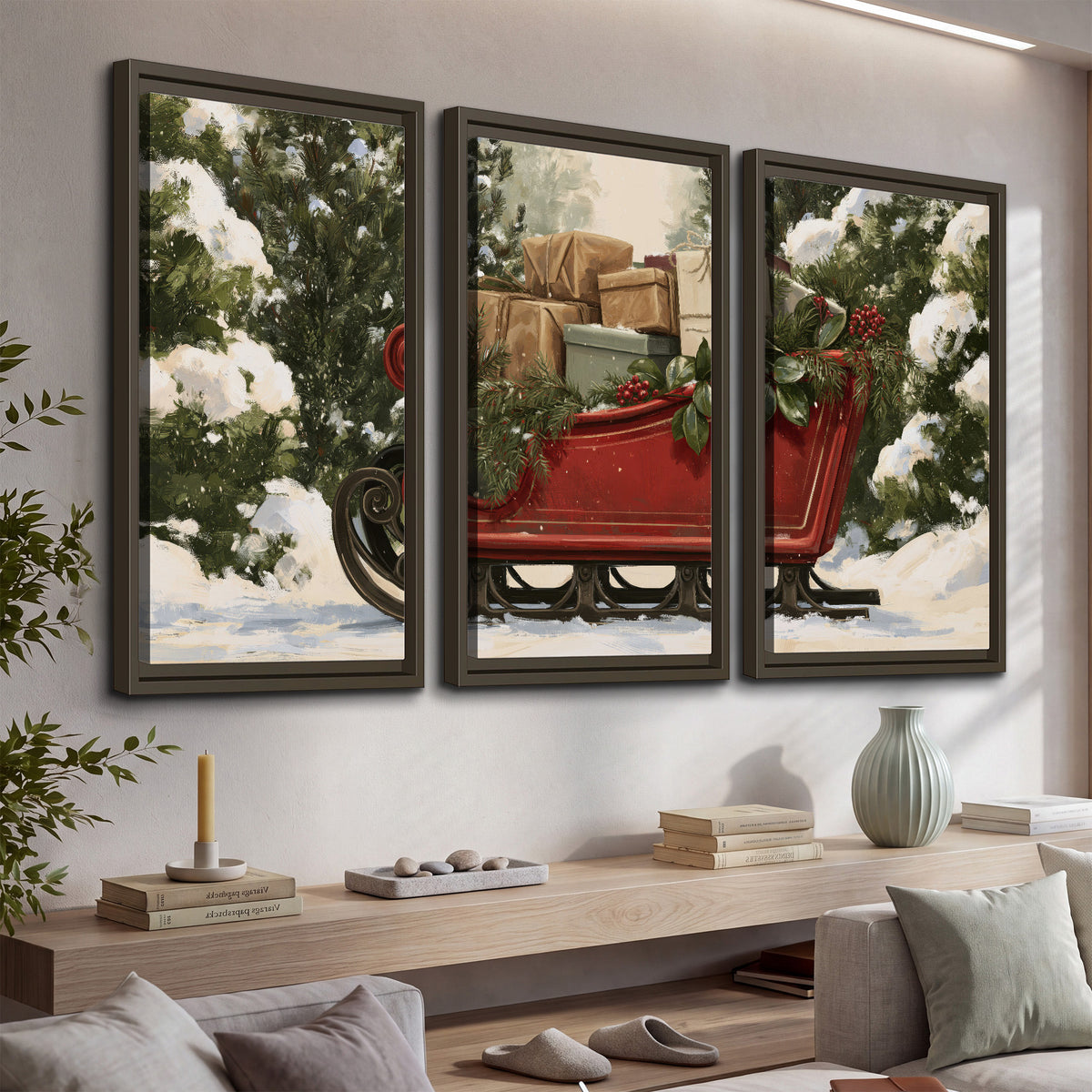 A decorative red holiday sleigh carrying wrapped presents and greenery through a snowy woodland 3 piece framed canvas wall art displayed in a console