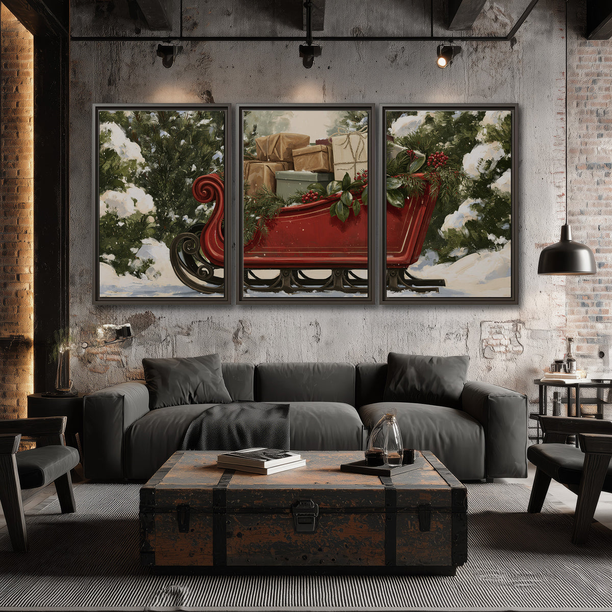 A decorative red holiday sleigh carrying wrapped presents and greenery through a snowy woodland 3 piece framed canvas wall art displayed in a industrial room