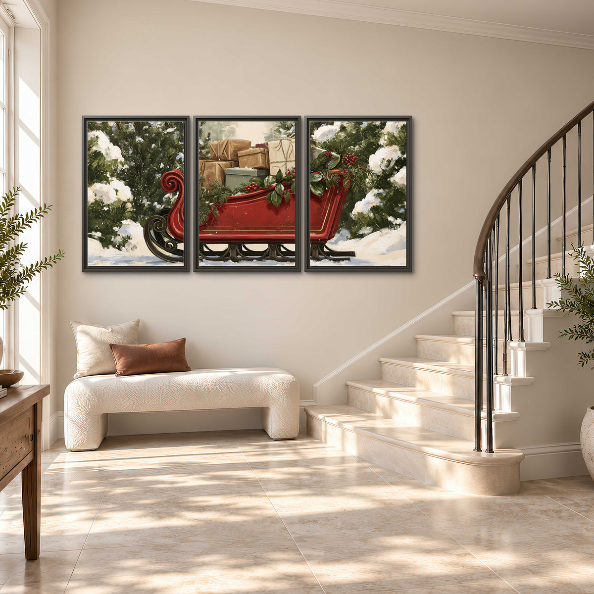 A decorative red holiday sleigh carrying wrapped presents and greenery through a snowy woodland 3 piece framed canvas wall art styled in an interior