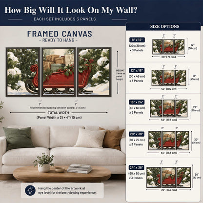 A decorative red holiday sleigh carrying wrapped presents and greenery through a snowy woodland 3 piece framed canvas wall art size guide above a sofa; room view is illustrative