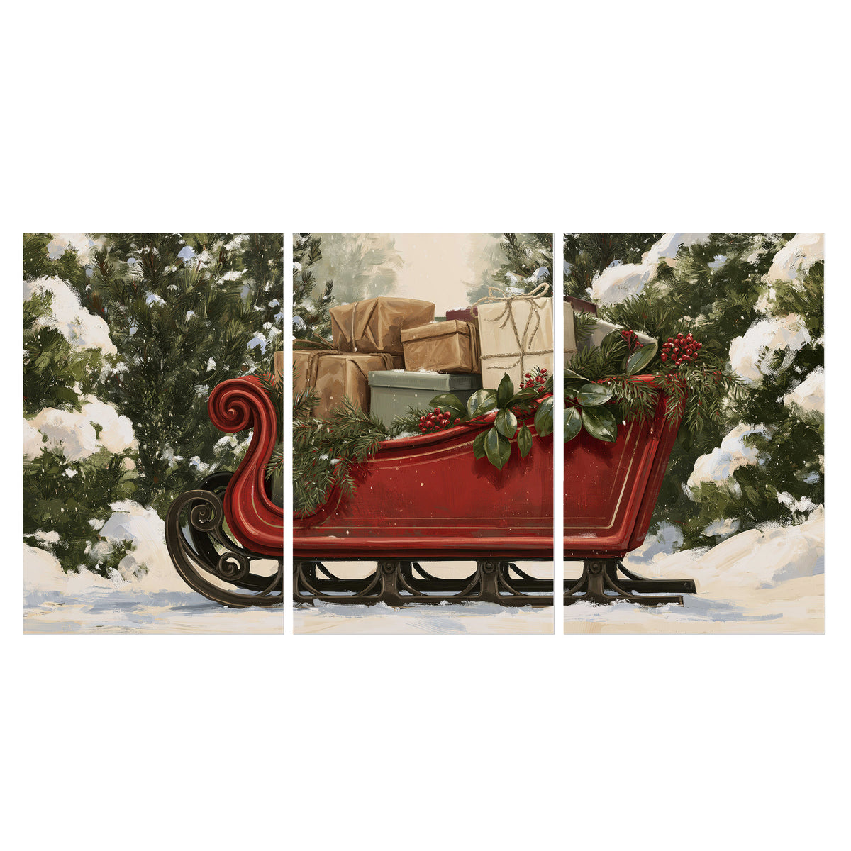 A decorative red holiday sleigh carrying wrapped presents and greenery through a snowy woodland set of 3 poster prints viewed straight on