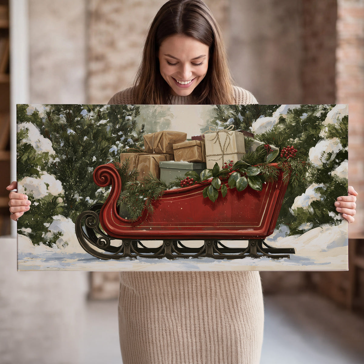 A decorative red holiday sleigh carrying wrapped presents and greenery through a snowy woodland single canvas wall art held in hands