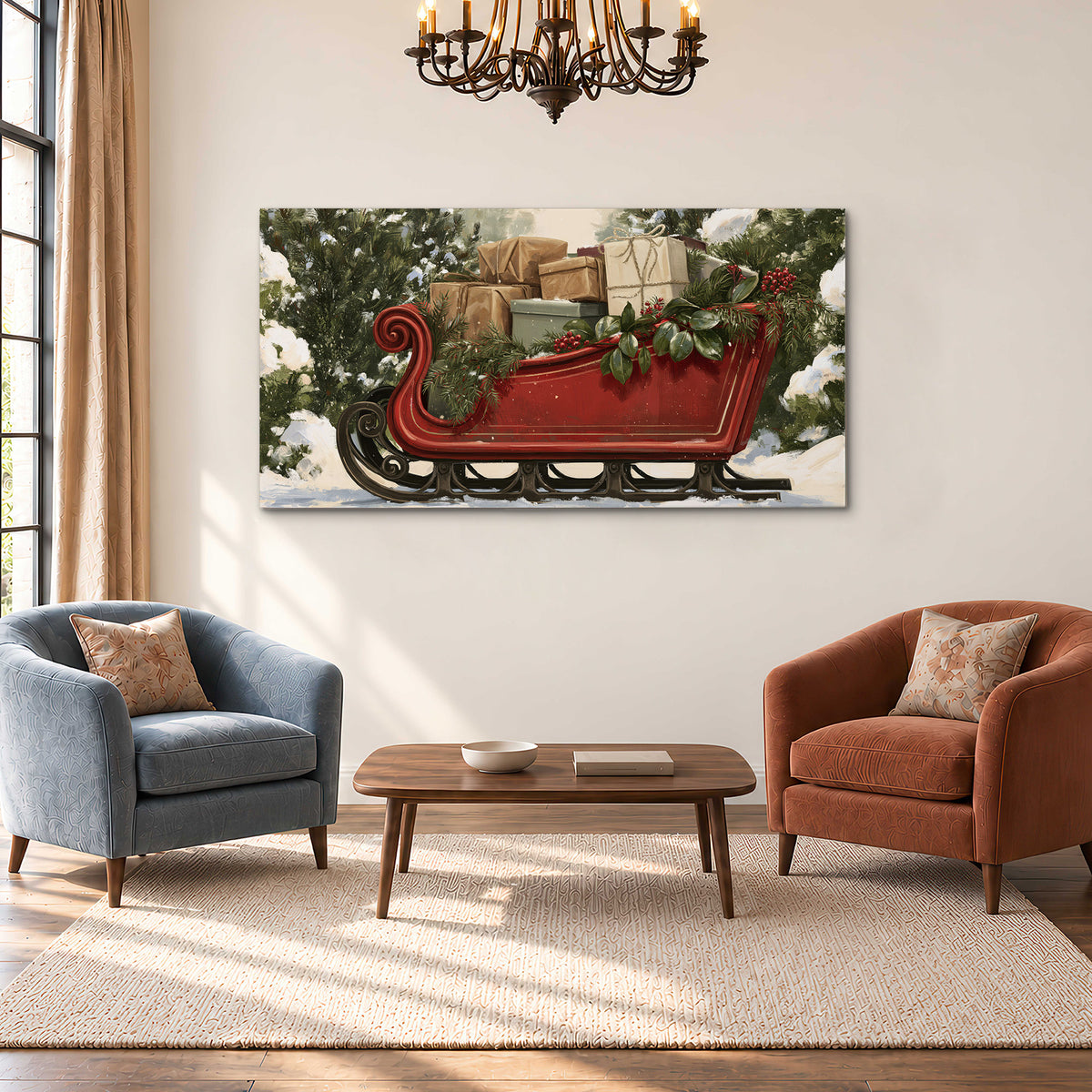 A decorative red holiday sleigh carrying wrapped presents and greenery through a snowy woodland single canvas wall art styled in an interior