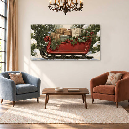 A decorative red holiday sleigh carrying wrapped presents and greenery through a snowy woodland single canvas wall art styled in an interior