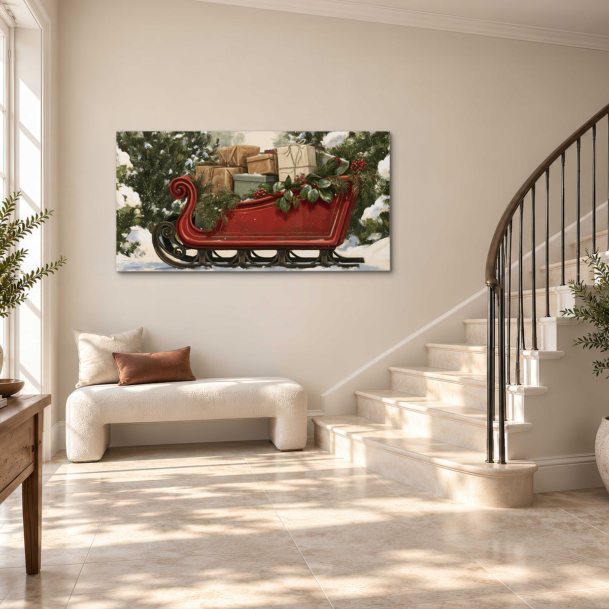 A decorative red holiday sleigh carrying wrapped presents and greenery through a snowy woodland single canvas wall art styled in an interior