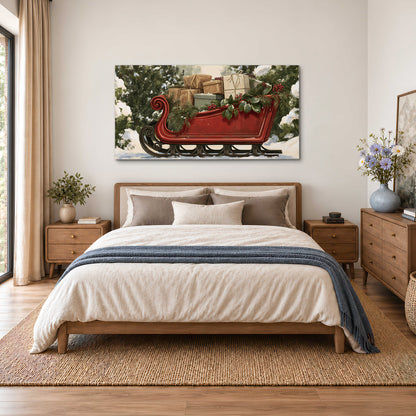 A decorative red holiday sleigh carrying wrapped presents and greenery through a snowy woodland single canvas wall art styled in an interior