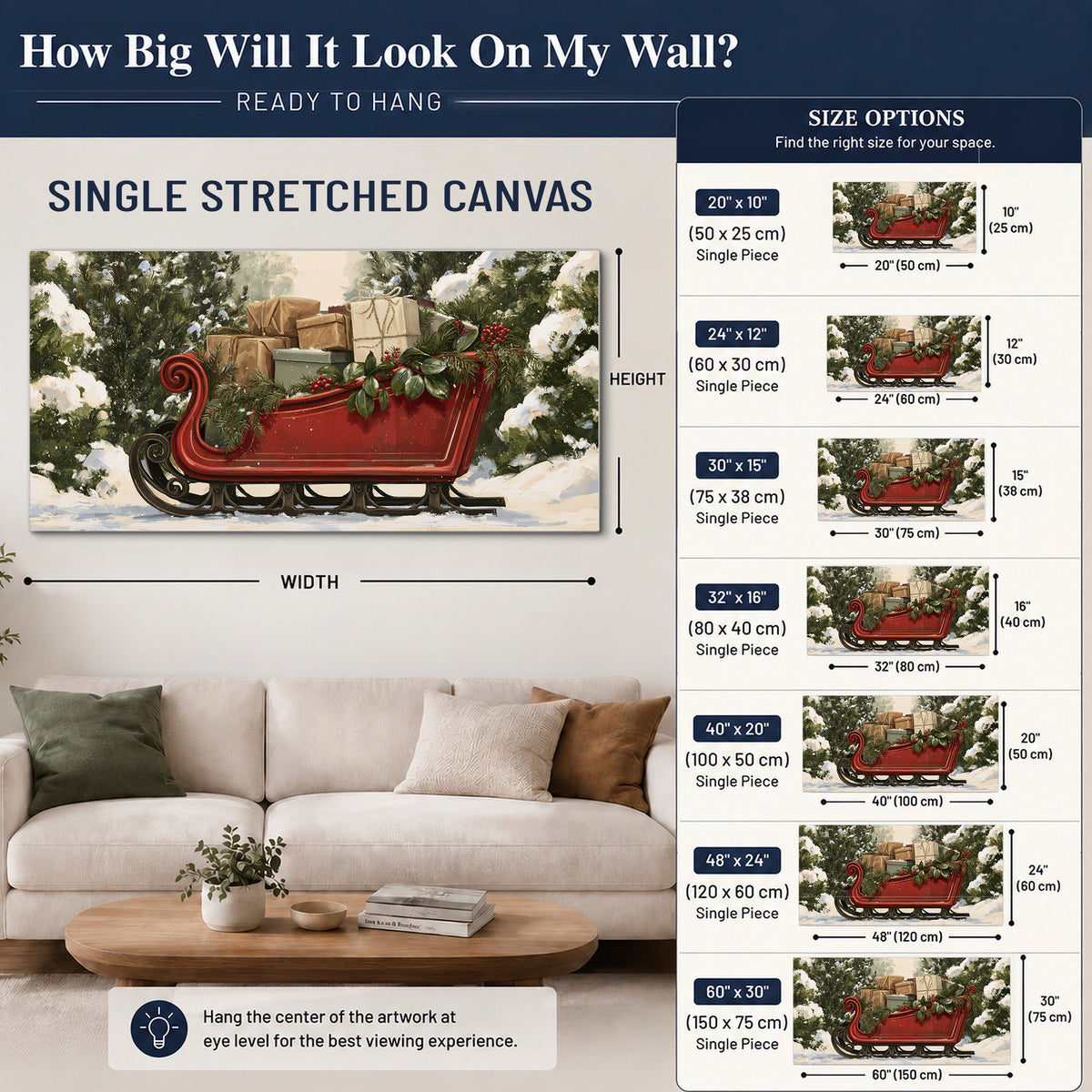 A decorative red holiday sleigh carrying wrapped presents and greenery through a snowy woodland single canvas wall art size guide above a sofa; room view is illustrative