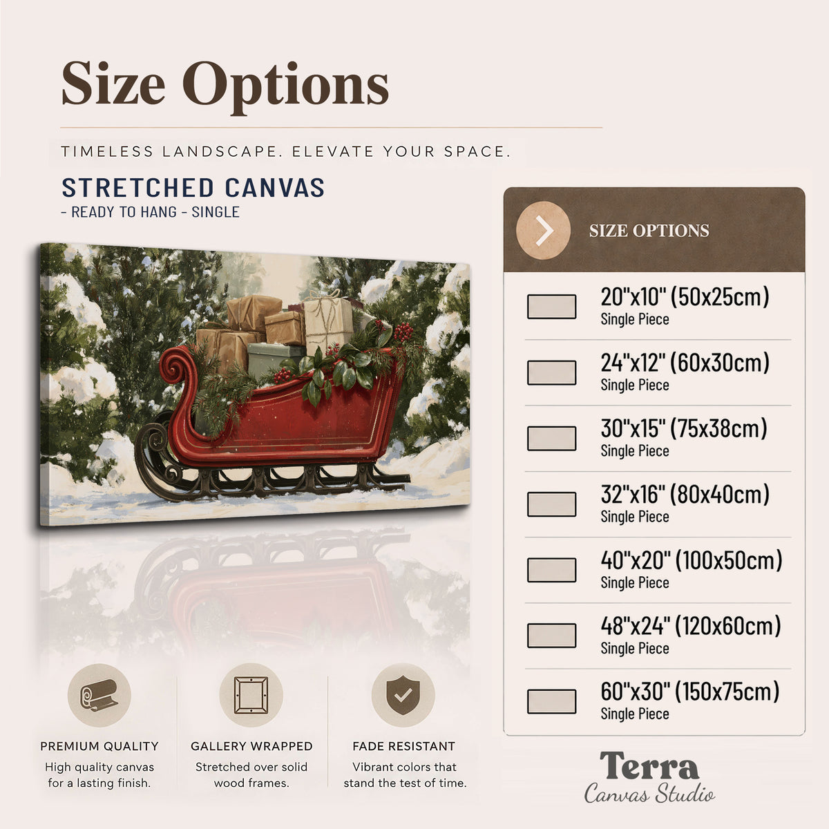 A decorative red holiday sleigh carrying wrapped presents and greenery through a snowy woodland single canvas wall art available dimensions