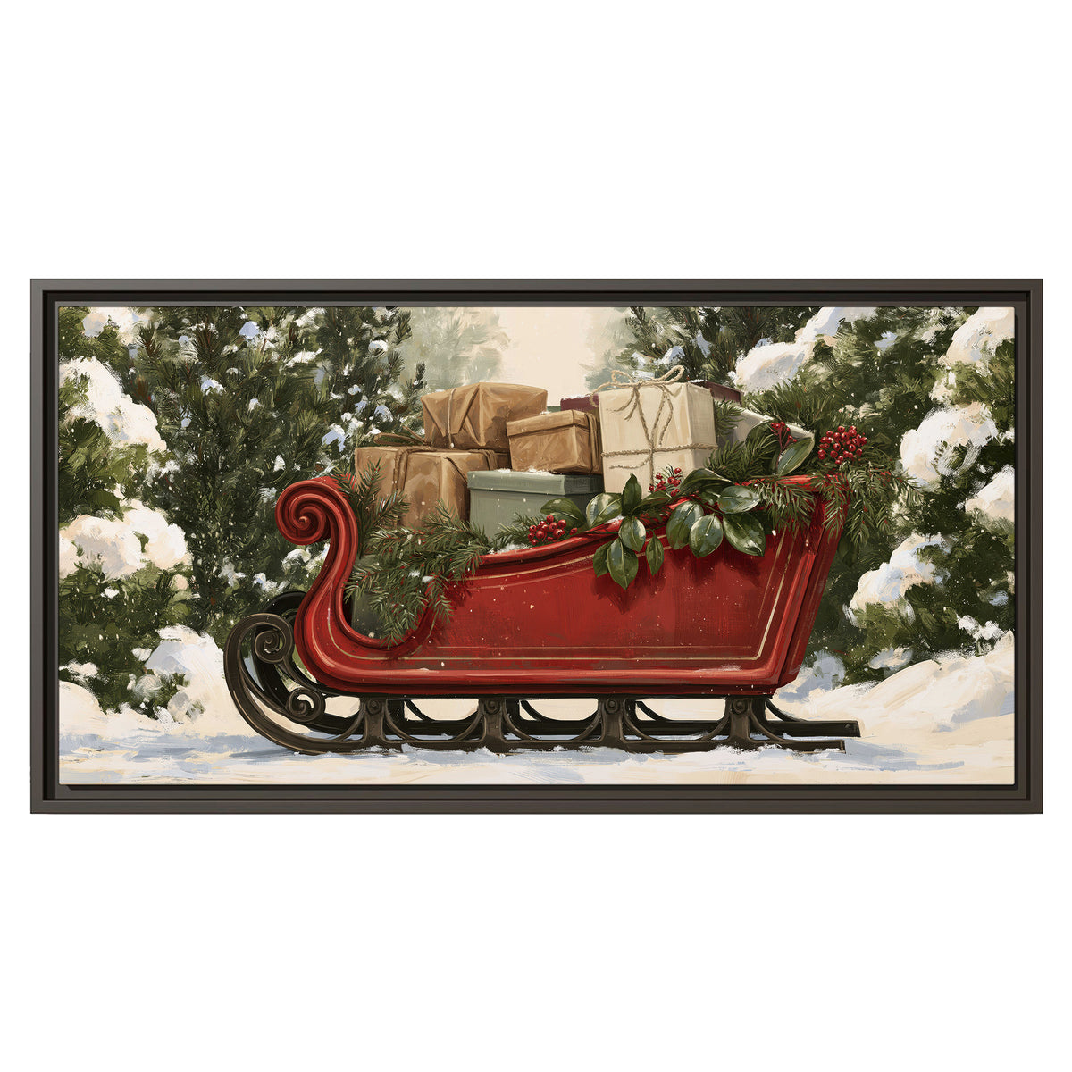 A decorative red holiday sleigh carrying wrapped presents and greenery through a snowy woodland single framed canvas wall art viewed straight on