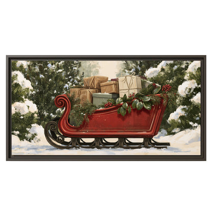 A decorative red holiday sleigh carrying wrapped presents and greenery through a snowy woodland single framed canvas wall art viewed straight on