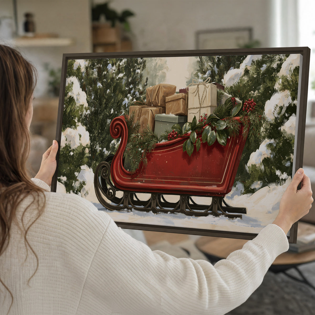 A decorative red holiday sleigh carrying wrapped presents and greenery through a snowy woodland single framed canvas wall art held in hands