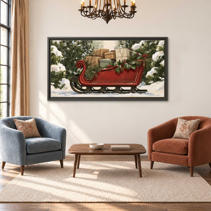 A decorative red holiday sleigh carrying wrapped presents and greenery through a snowy woodland single framed canvas wall art styled in an interior