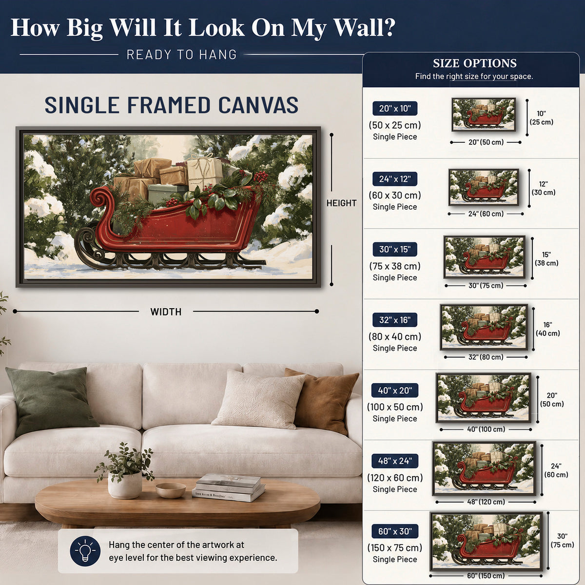 A decorative red holiday sleigh carrying wrapped presents and greenery through a snowy woodland single framed canvas wall art size guide above a sofa; room view is illustrative