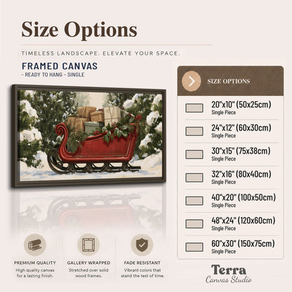 A decorative red holiday sleigh carrying wrapped presents and greenery through a snowy woodland single framed canvas wall art available dimensions