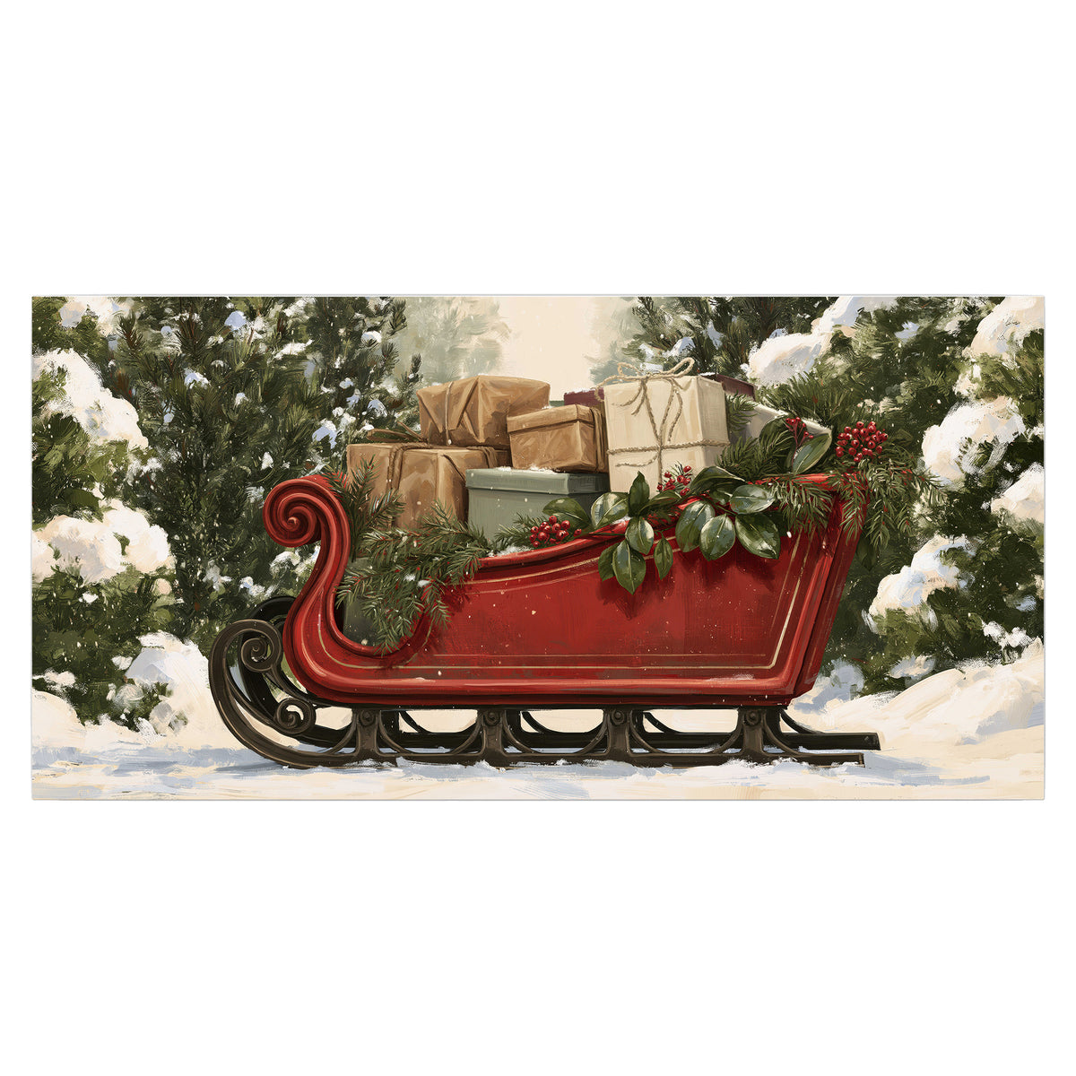 A decorative red holiday sleigh carrying wrapped presents and greenery through a snowy woodland single poster print viewed straight on