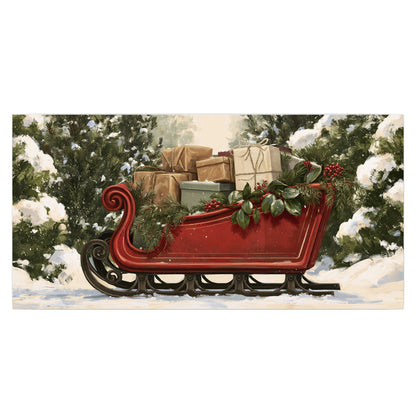 A decorative red holiday sleigh carrying wrapped presents and greenery through a snowy woodland single poster print viewed straight on