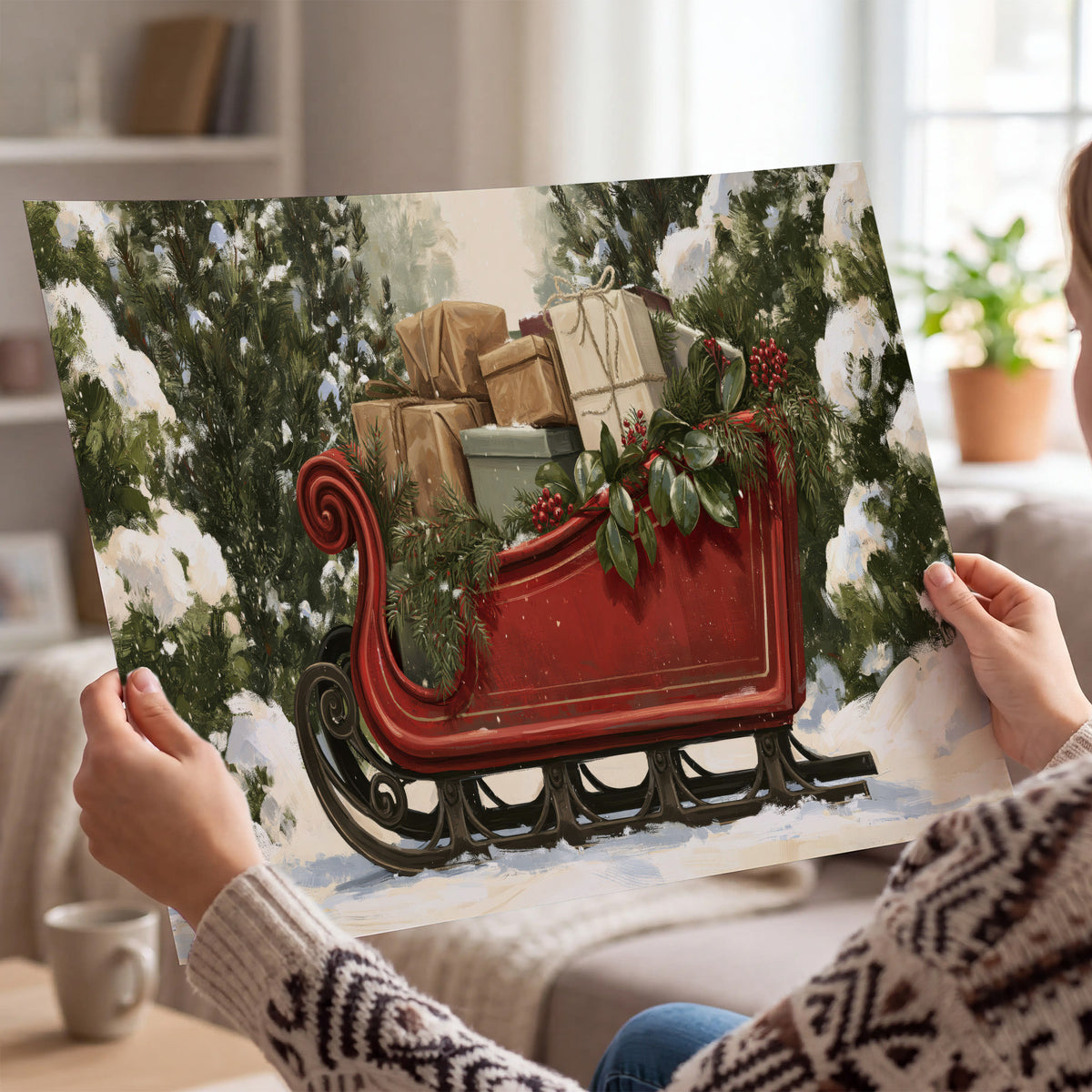 A decorative red holiday sleigh carrying wrapped presents and greenery through a snowy woodland single poster print held in hands