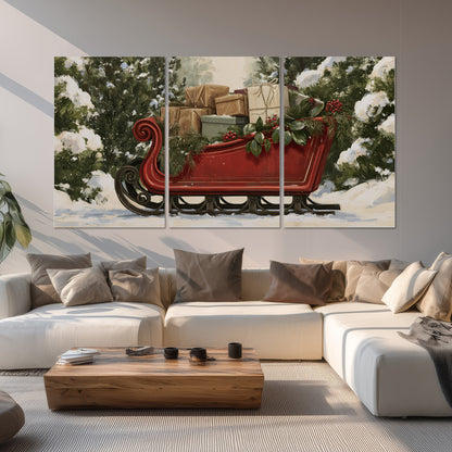 A decorative red holiday sleigh carrying wrapped presents and greenery through a snowy woodland set of 3 poster prints displayed in a living room