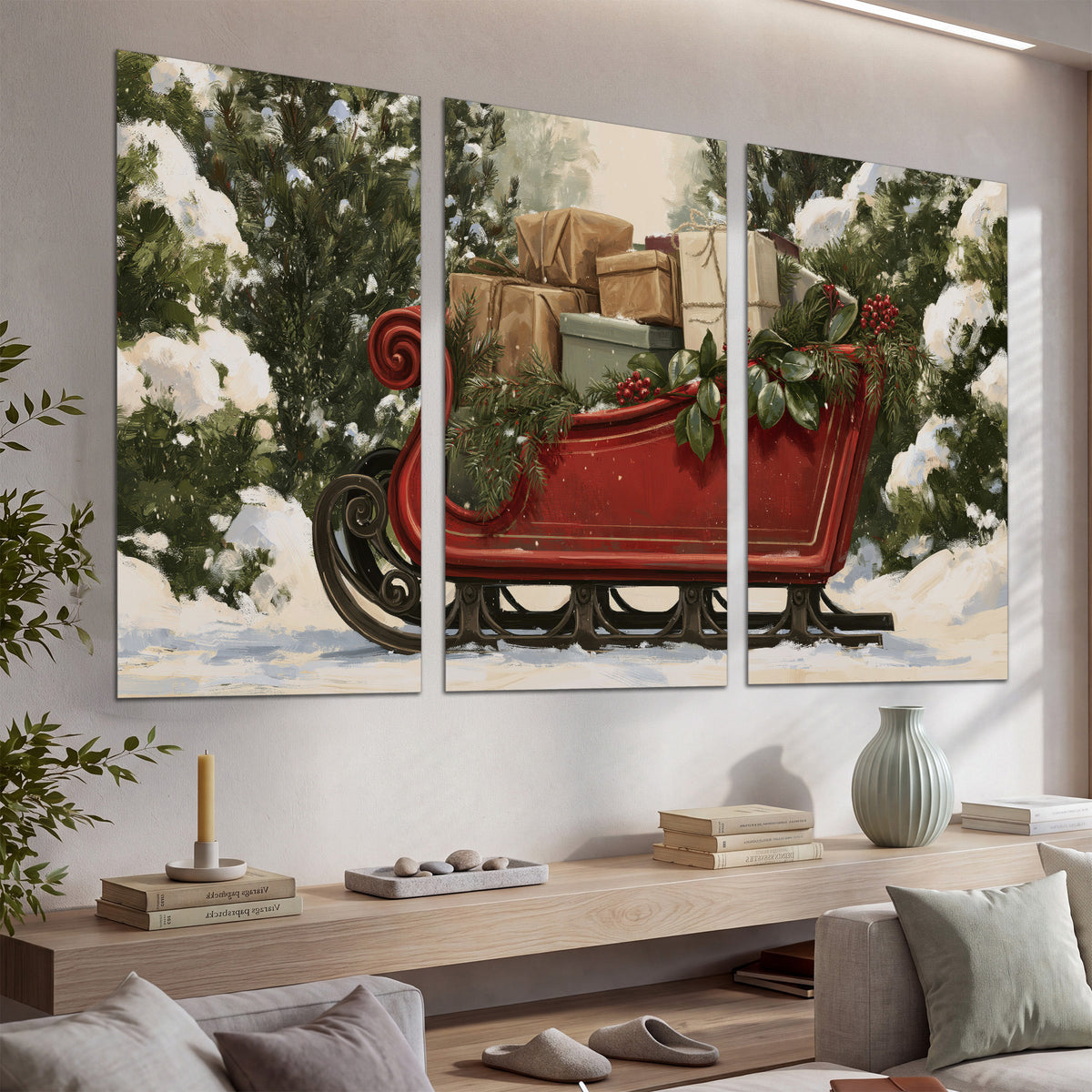 A decorative red holiday sleigh carrying wrapped presents and greenery through a snowy woodland set of 3 poster prints displayed in a console