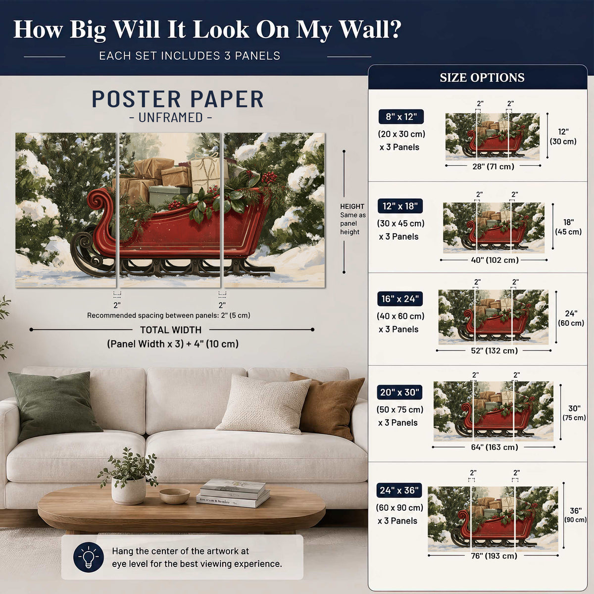A decorative red holiday sleigh carrying wrapped presents and greenery through a snowy woodland set of 3 poster prints size guide above a sofa; room view is illustrative