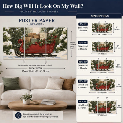 A decorative red holiday sleigh carrying wrapped presents and greenery through a snowy woodland set of 3 poster prints size guide above a sofa; room view is illustrative