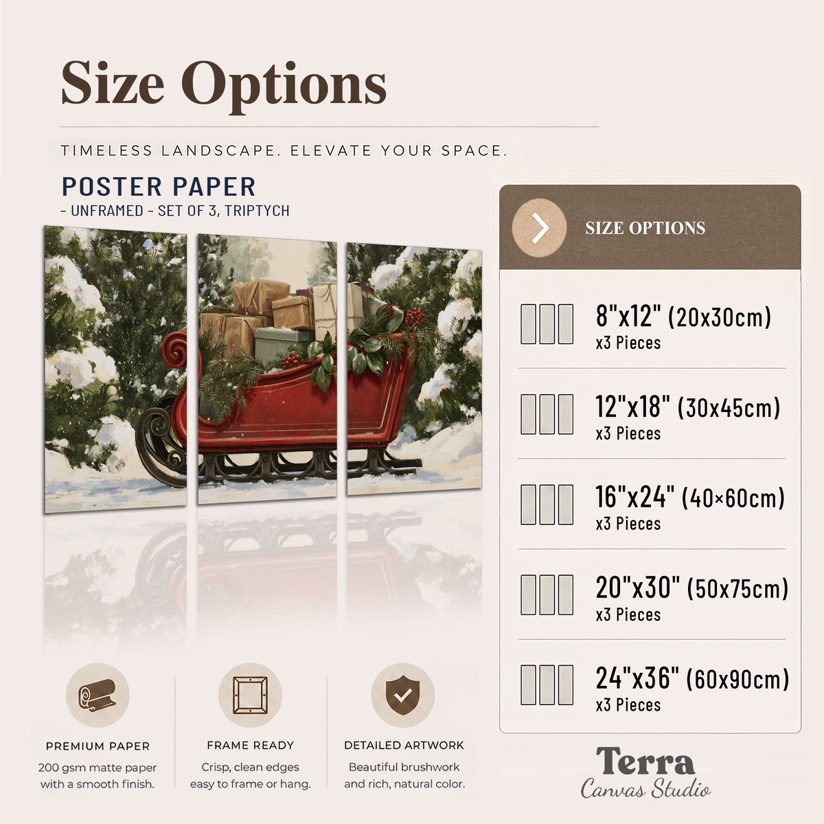 A decorative red holiday sleigh carrying wrapped presents and greenery through a snowy woodland set of 3 poster prints available dimensions; triptych dimensions are per panel