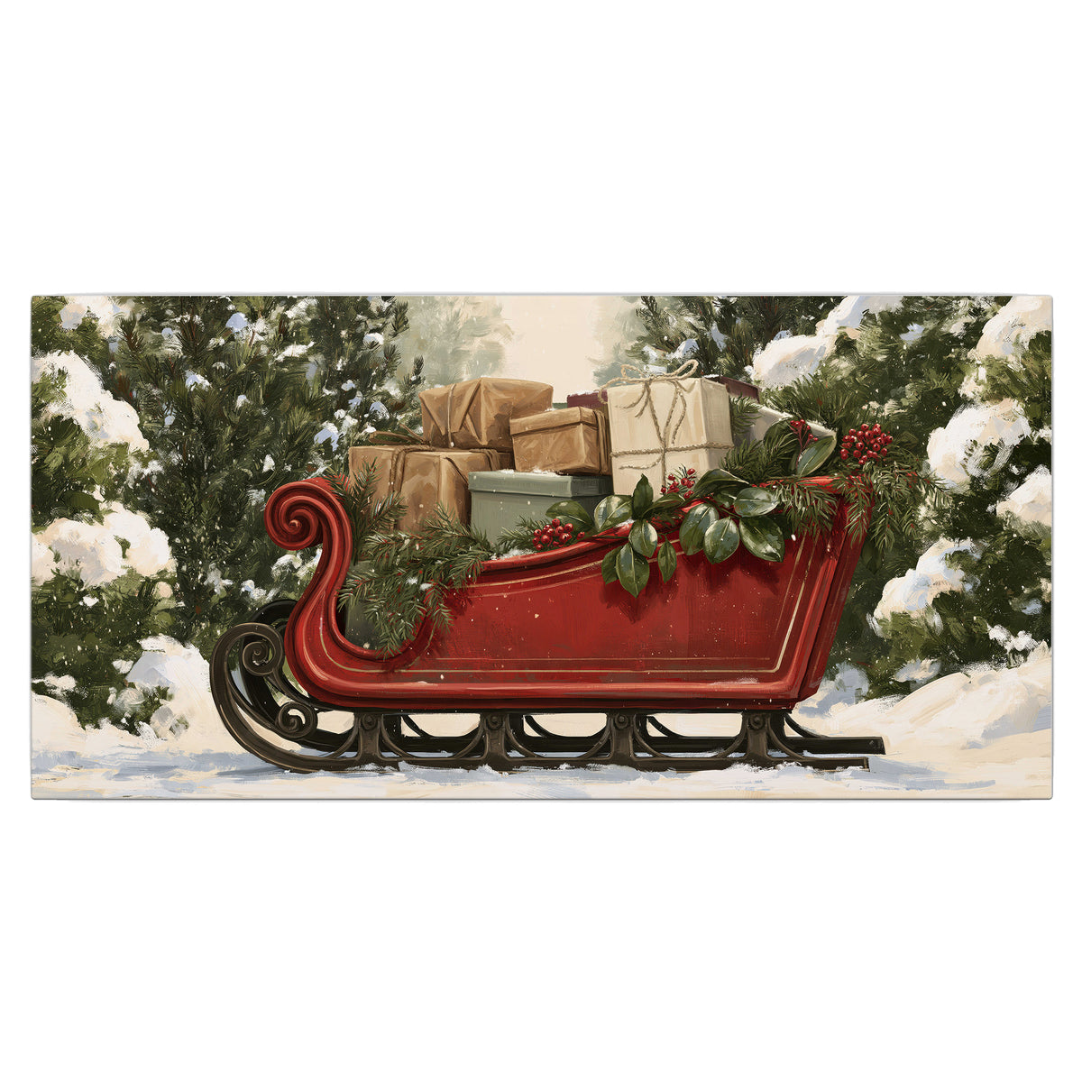 A decorative red holiday sleigh carrying wrapped presents and greenery through a snowy woodland single canvas wall art viewed straight on