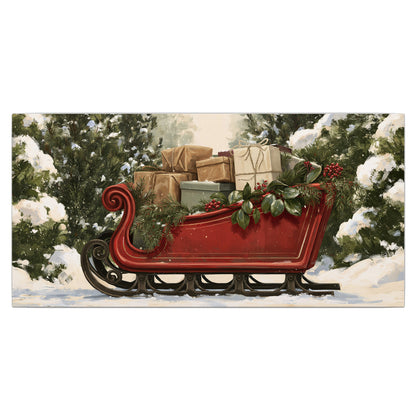 A decorative red holiday sleigh carrying wrapped presents and greenery through a snowy woodland single canvas wall art viewed straight on