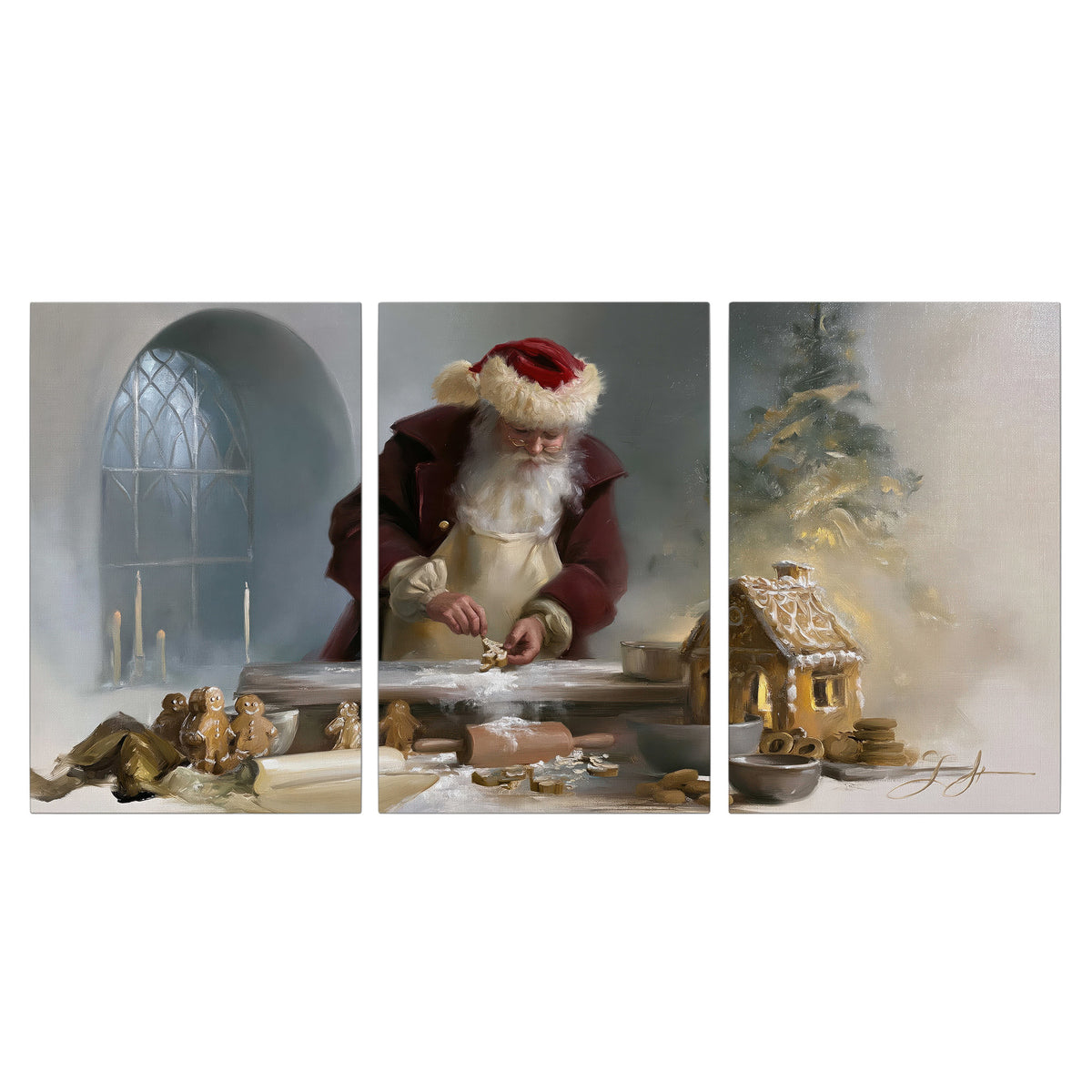 Santa working with dough beside a gingerbread house in a softly lit Christmas kitchen 3 piece canvas wall art viewed straight on