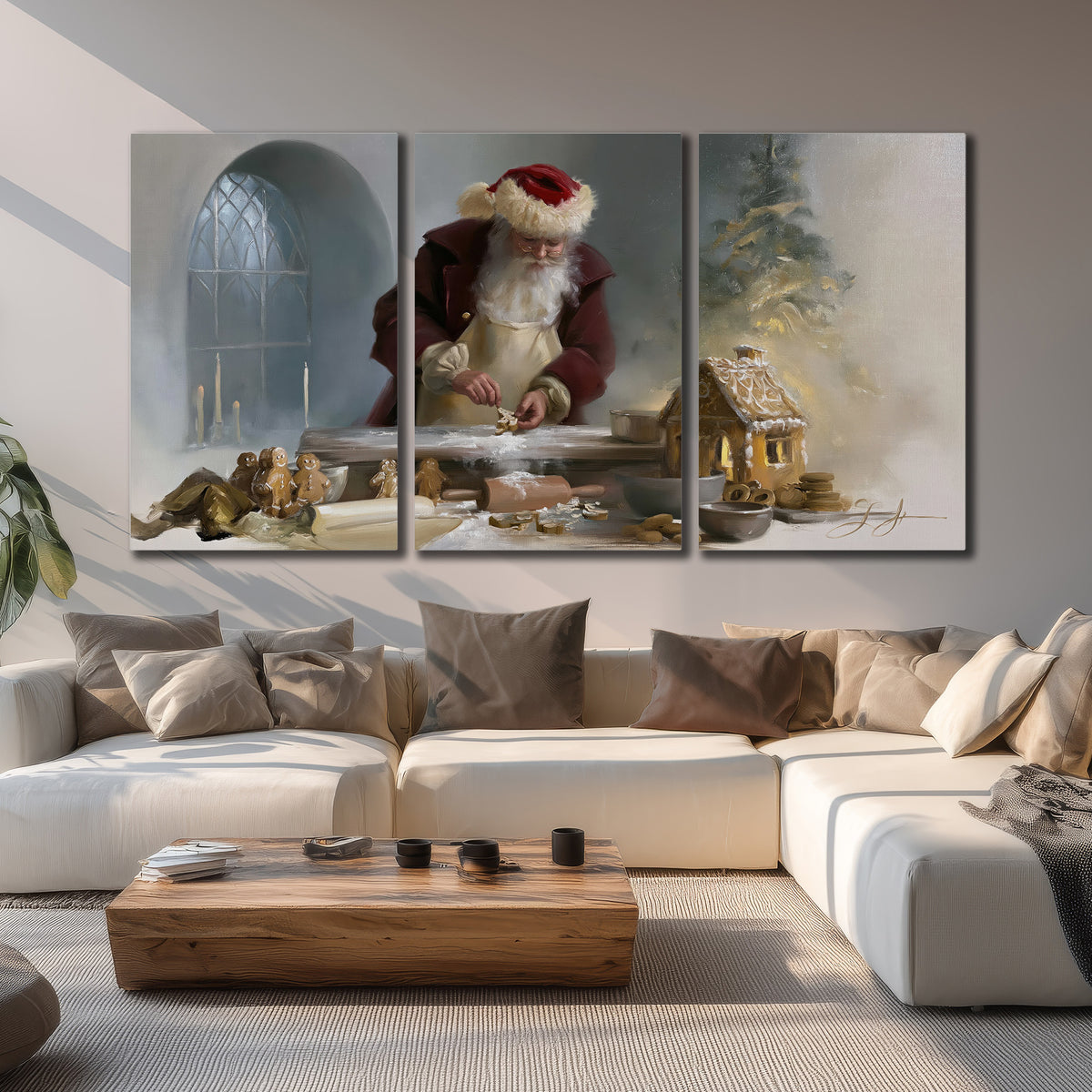 Santa working with dough beside a gingerbread house in a softly lit Christmas kitchen 3 piece canvas wall art displayed in a living room