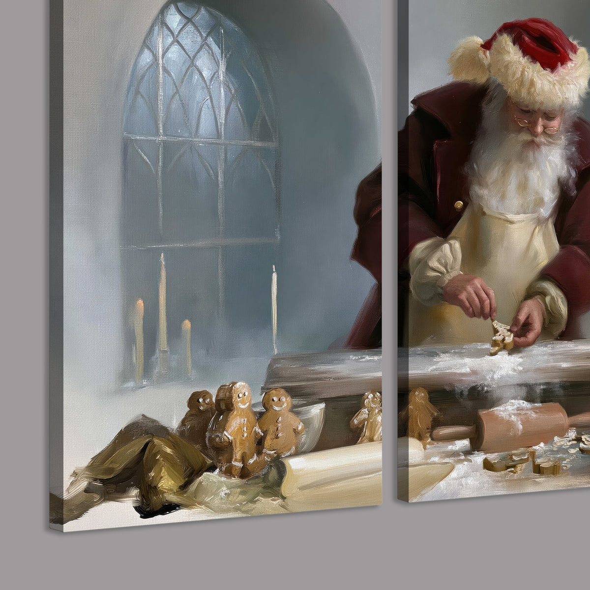 Santa working with dough beside a gingerbread house in a softly lit Christmas kitchen 3 piece canvas wall art room and product view