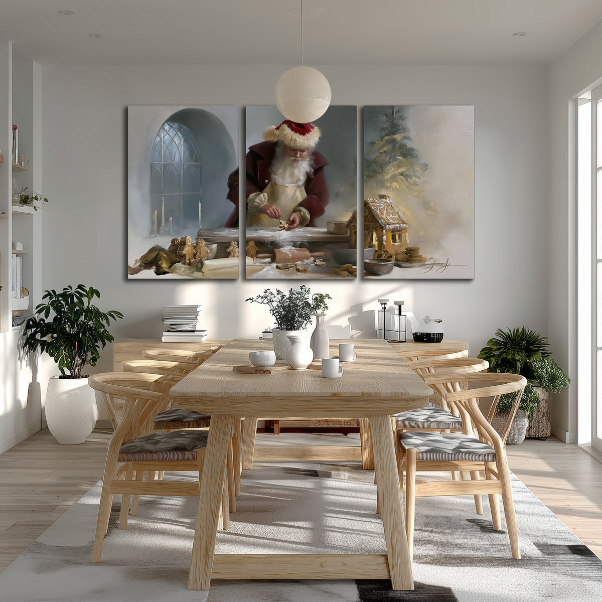 Santa working with dough beside a gingerbread house in a softly lit Christmas kitchen 3 piece canvas wall art room and product view