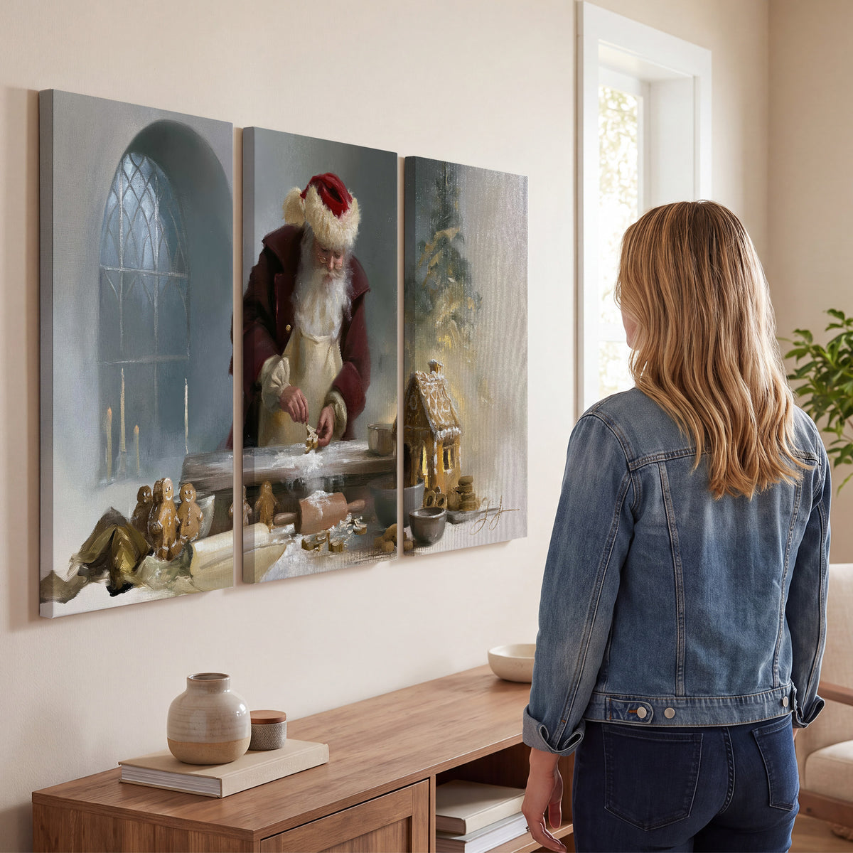 Santa working with dough beside a gingerbread house in a softly lit Christmas kitchen 3 piece canvas wall art three panel arrangement on a wall