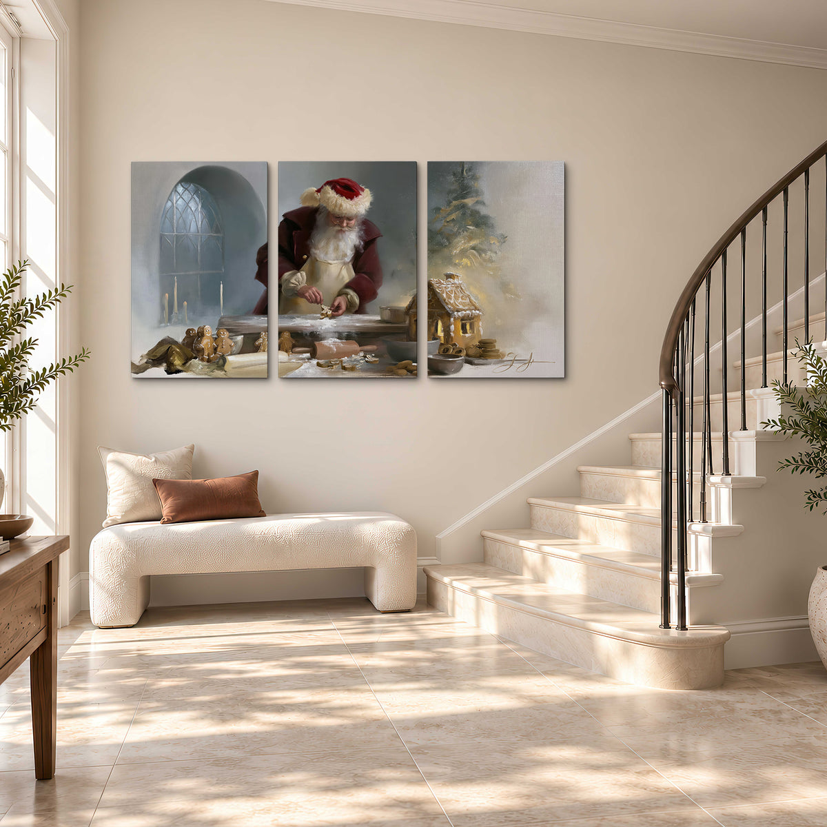 Santa working with dough beside a gingerbread house in a softly lit Christmas kitchen 3 piece canvas wall art styled in an interior