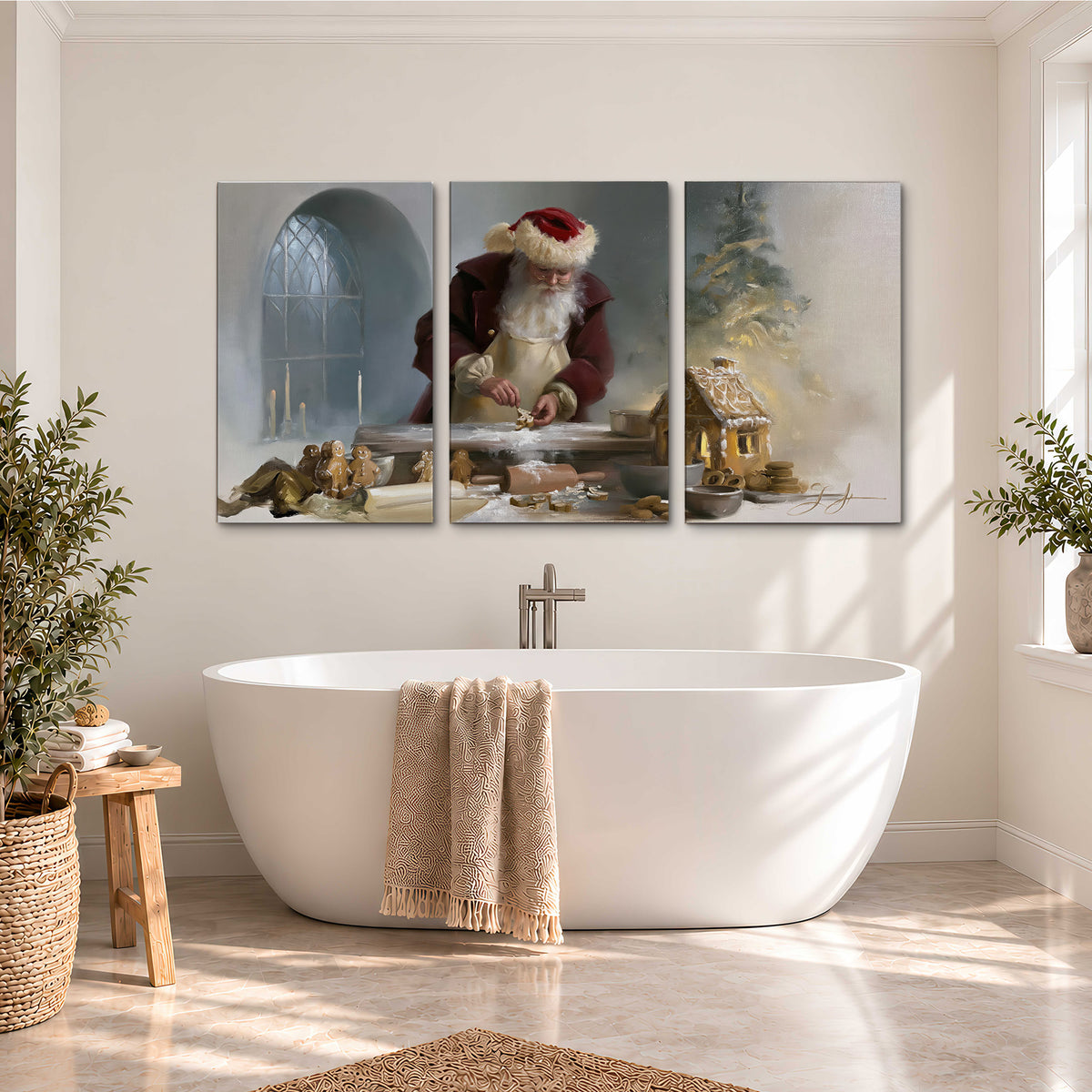 Santa working with dough beside a gingerbread house in a softly lit Christmas kitchen 3 piece canvas wall art styled in an interior