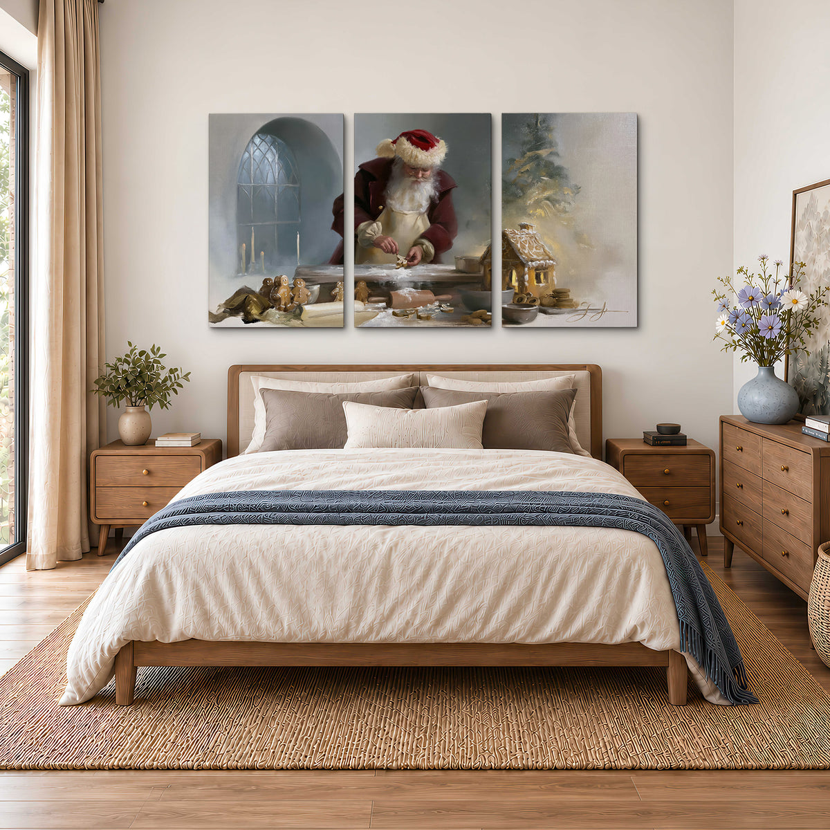 Santa working with dough beside a gingerbread house in a softly lit Christmas kitchen 3 piece canvas wall art styled in an interior