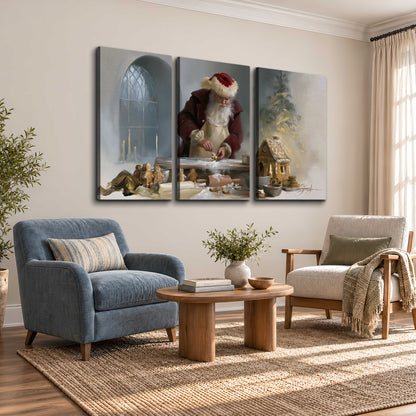 Santa working with dough beside a gingerbread house in a softly lit Christmas kitchen 3 piece canvas wall art styled in an interior