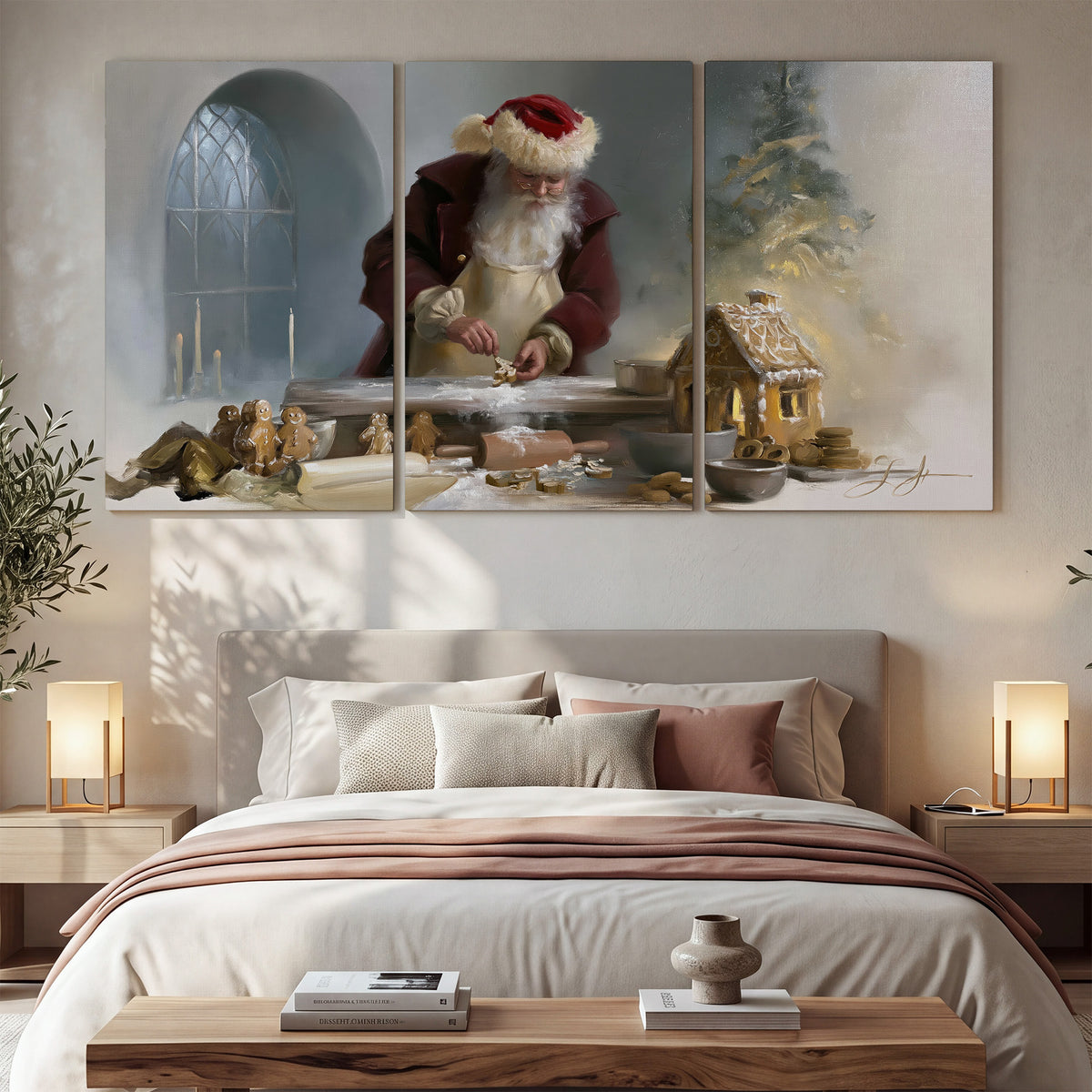 Santa working with dough beside a gingerbread house in a softly lit Christmas kitchen 3 piece canvas wall art displayed in a bedroom